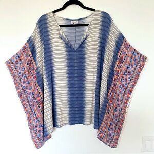 Avenue Boho and Striped Print Poncho Blouse Top Split Neck Sz 18/20